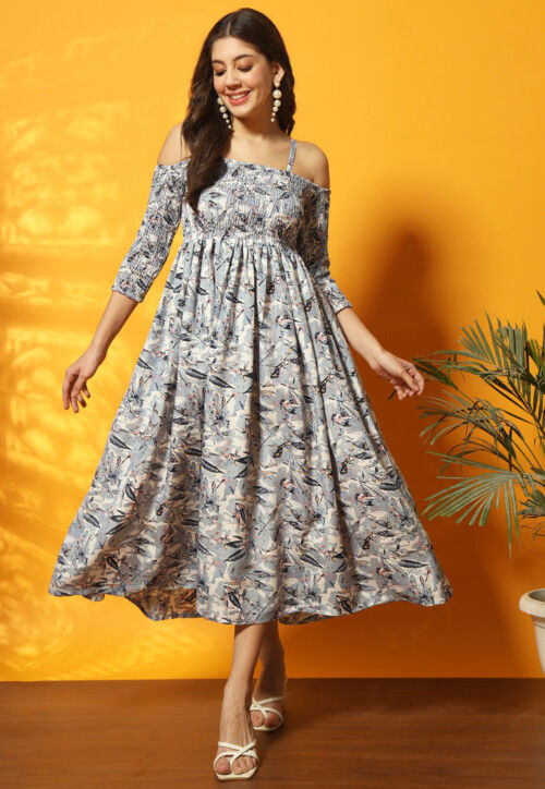 Digital Printed Rayon Midi Dress in Grey