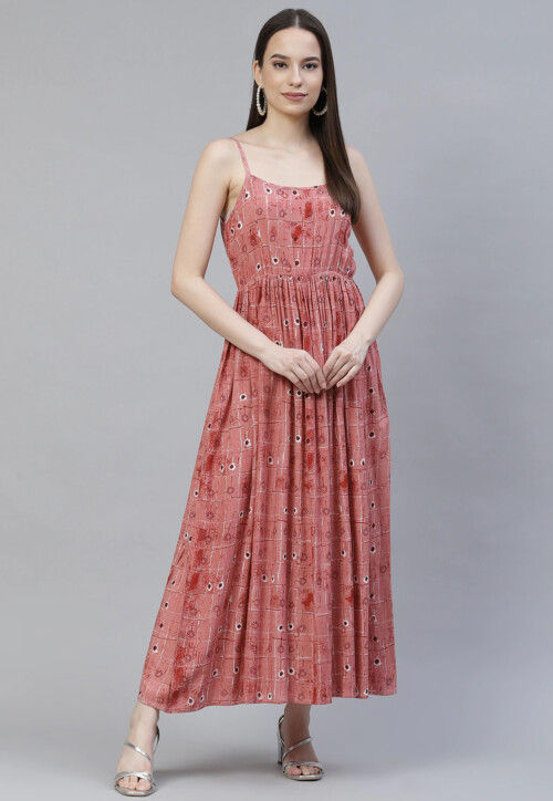 Digital Printed Rayon Midi Dress in Peach