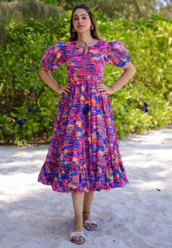 Digital Printed Rayon Midi Dress in Pink