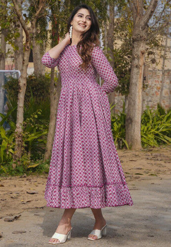 Digital Printed Rayon Midi Dress in Purple