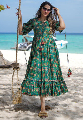 Digital Printed Rayon Midi Dress in Teal Green