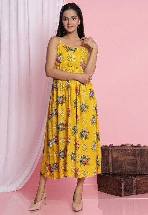 Buy Digital Printed Rayon Midi Dress in Yellow Online : TWJ5526 - Utsav ...