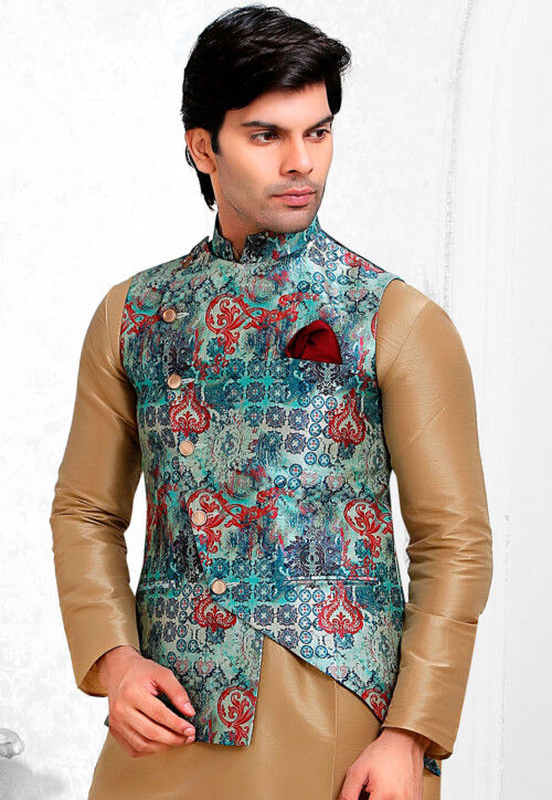 Digital Printed Rayon Nehru Jacket in Teal Blue