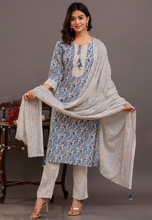 Digital Printed Rayon Pakistani Suit in Blue