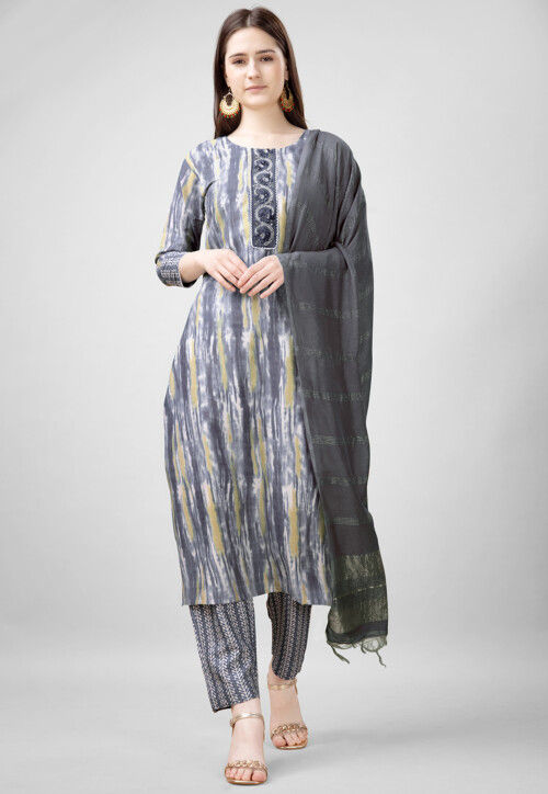 Digital Printed Rayon Pakistani Suit in Grey