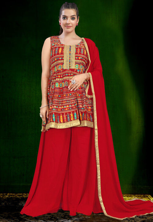 Digital Printed Rayon Pakistani Suit in Red