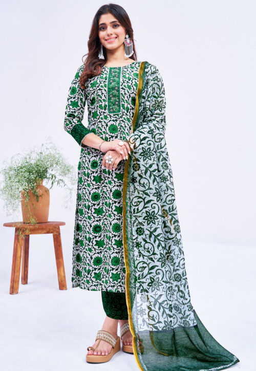 Digital Printed Rayon Pakistani Suit in White and Green