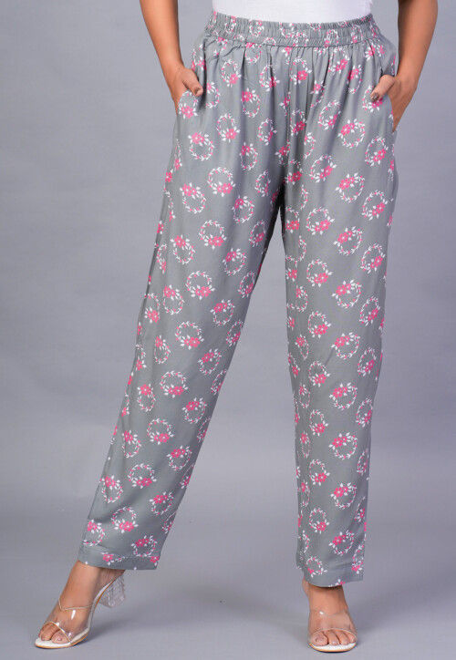 Digital Printed Rayon Pant in Grey