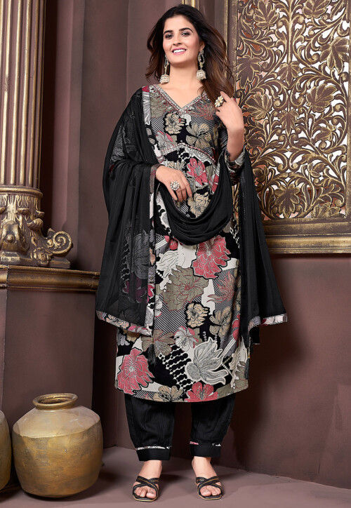 Buy Digital Printed Rayon Punjabi Suit in Black Online KQX58 Utsav Fashion