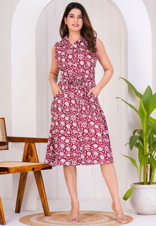 Digital Printed Rayon Sheath Dress in Maroon
