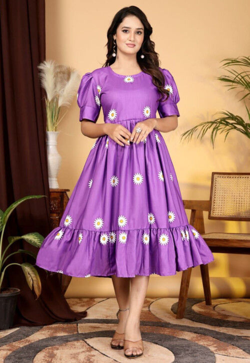 Digital Printed Rayon Slub Midi Dress in Light Purple