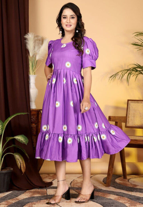 Digital Printed Rayon Slub Midi Dress in Light Purple