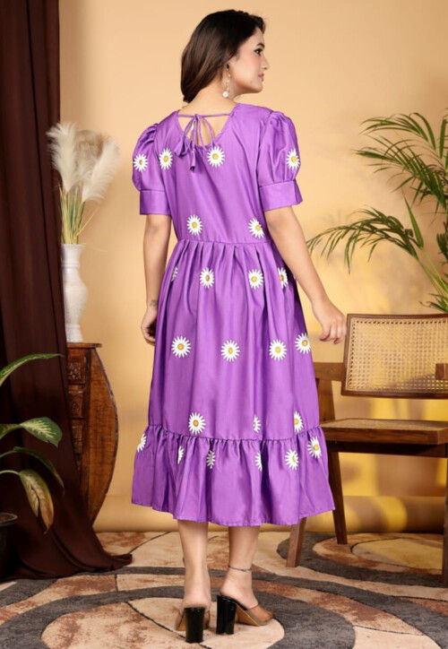Digital Printed Rayon Slub Midi Dress in Light Purple
