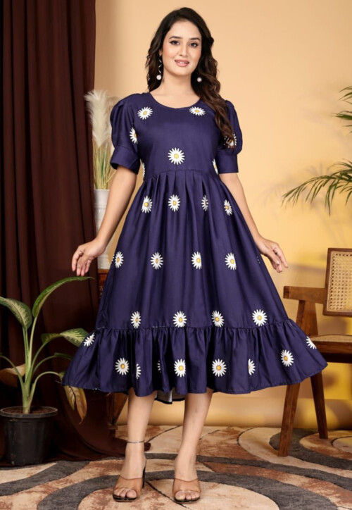Digital Printed Rayon Slub Midi Dress in Navy Blue