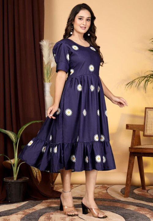 Digital Printed Rayon Slub Midi Dress in Navy Blue