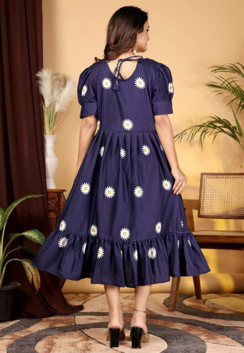 Digital Printed Rayon Slub Midi Dress in Navy Blue