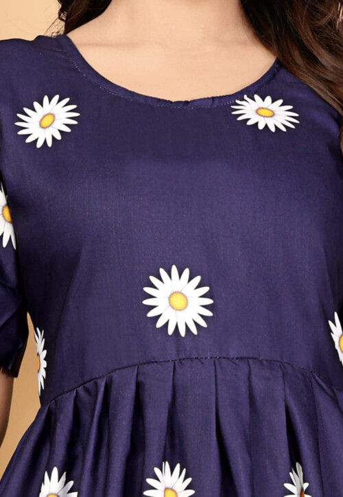 Digital Printed Rayon Slub Midi Dress in Navy Blue