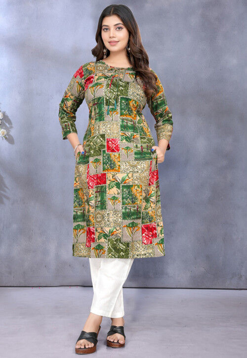 Digital Printed Rayon Straight Kurta in Green