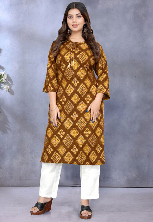 Digital Printed Rayon Straight Kurta in Mustard