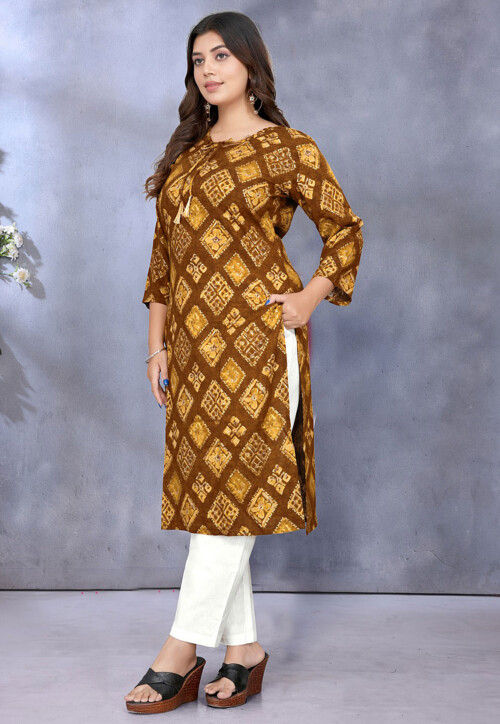 Digital Printed Rayon Straight Kurta in Mustard