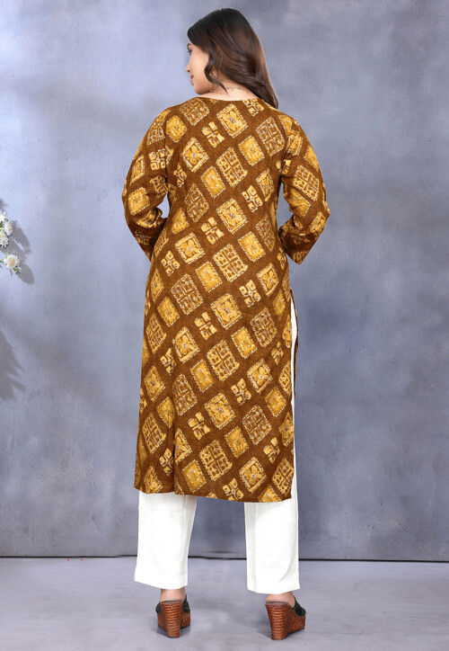 Digital Printed Rayon Straight Kurta in Mustard