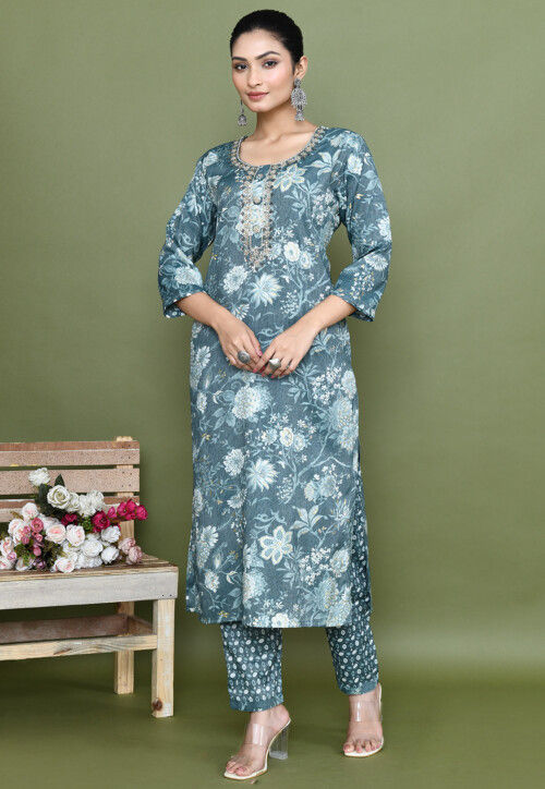 Digital Printed Rayon Straight Kurta Set in Blue