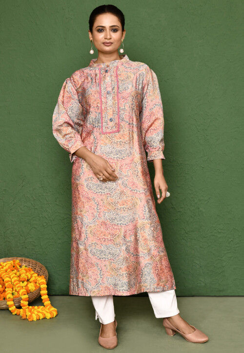 Digital Printed Rayon Straight Kurta Set in Peach