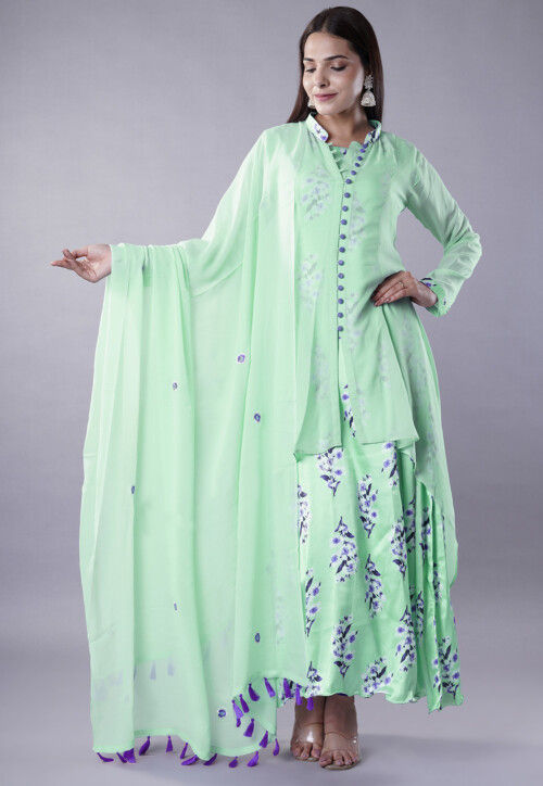 Digital Printed Satin Abaya Style Suit in Light Green