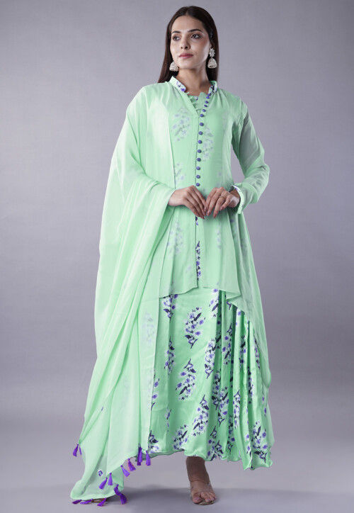 Digital Printed Satin Abaya Style Suit in Light Green