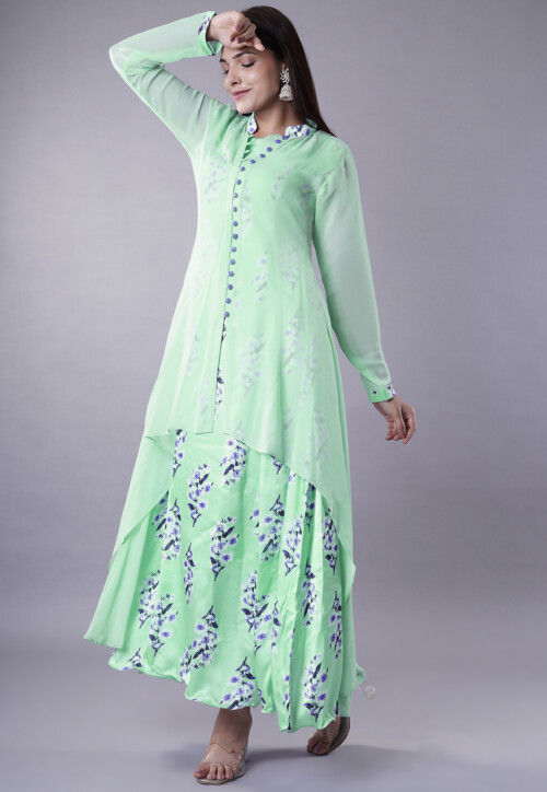 Digital Printed Satin Abaya Style Suit in Light Green