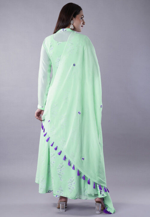 Digital Printed Satin Abaya Style Suit in Light Green