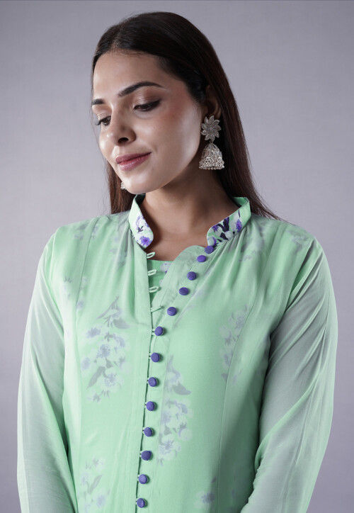 Digital Printed Satin Abaya Style Suit in Light Green