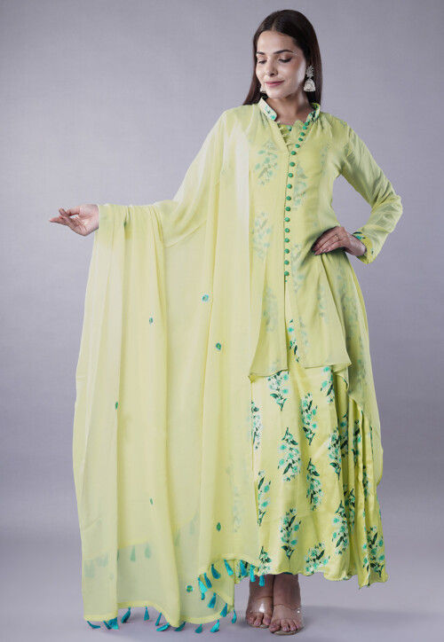 Digital Printed Satin Abaya Style Suit in Light Olive Green