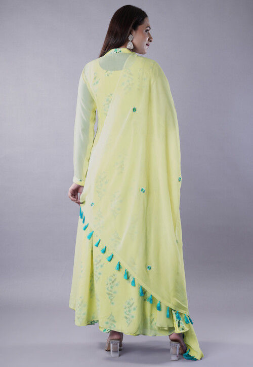 Digital Printed Satin Abaya Style Suit in Light Olive Green
