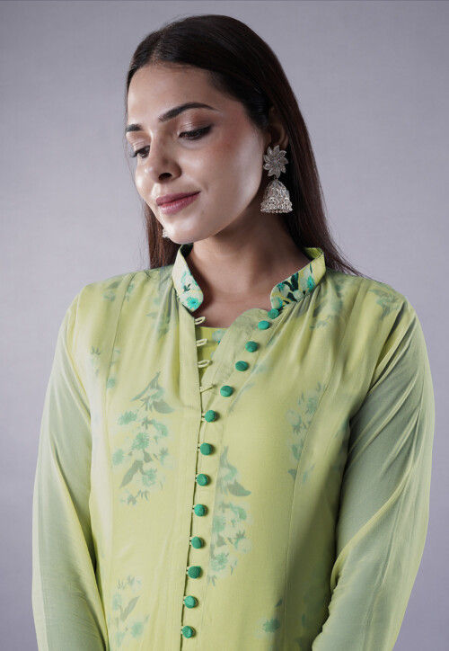 Digital Printed Satin Abaya Style Suit in Light Olive Green