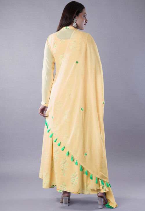 Buy Digital Printed Satin Abaya Style Suit in Light Yellow Online