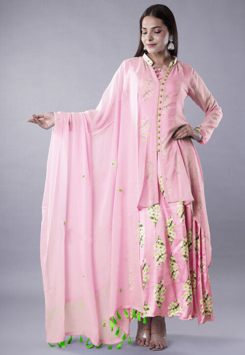 Digital Printed Satin Abaya Style Suit in Pink