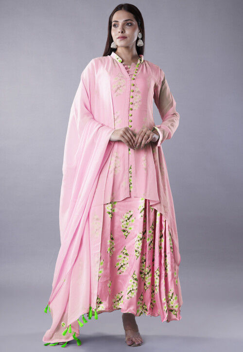 Digital Printed Satin Abaya Style Suit in Pink