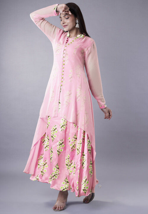 Digital Printed Satin Abaya Style Suit in Pink