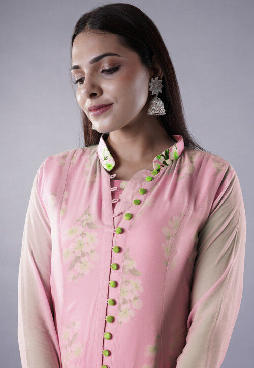 Digital Printed Satin Abaya Style Suit in Pink