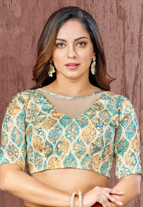 Digital Printed Satin Blouse in Cream