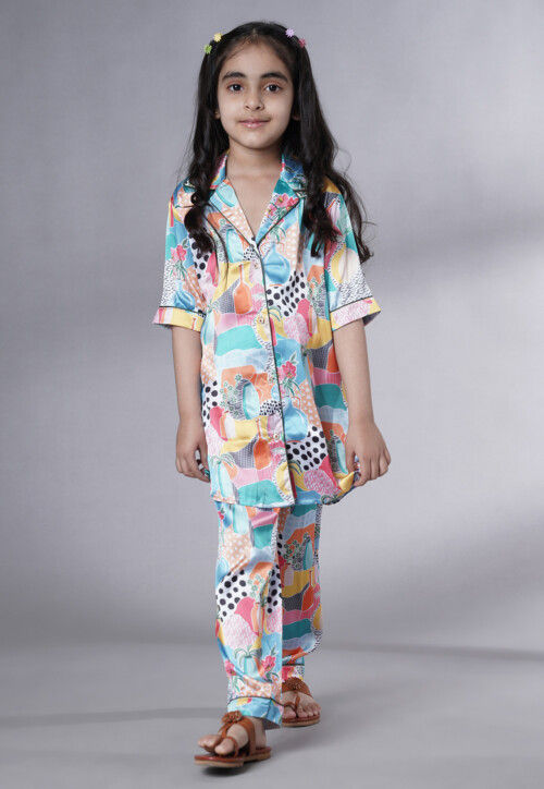 Digital Printed Satin Co Ord Set in Multicolor