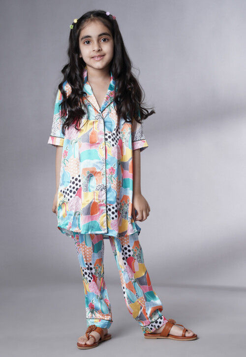 Digital Printed Satin Co Ord Set in Multicolor