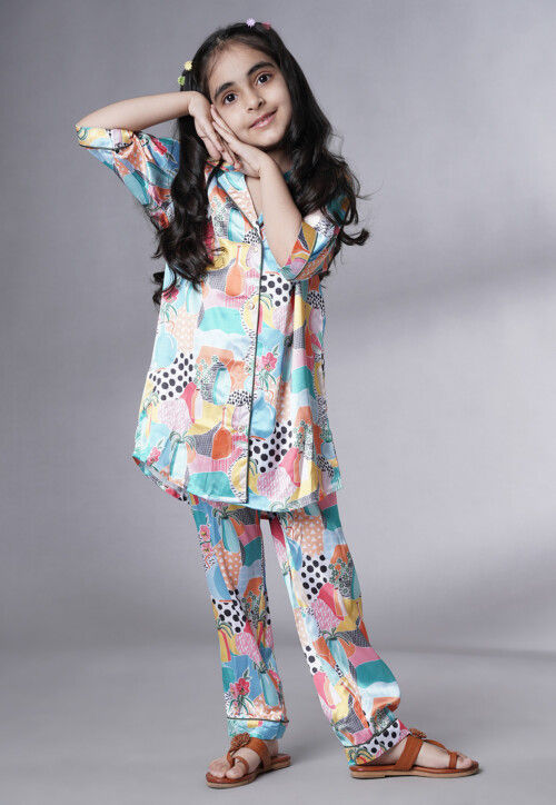 Digital Printed Satin Co Ord Set in Multicolor