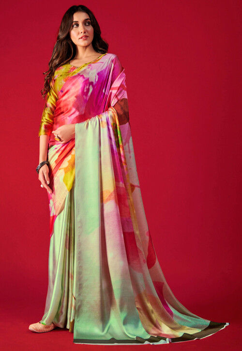 Digital Printed Satin Crepe Saree in Multicolor