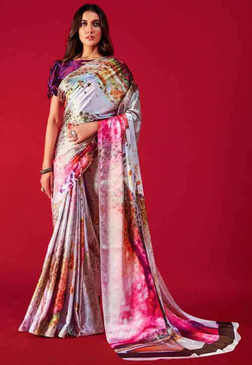 Digital Printed Satin Crepe Saree in Multicolor