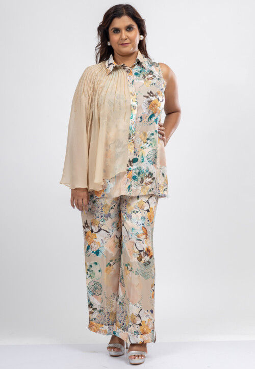 Digital Printed Satin Crepe Top Set in Light Beige