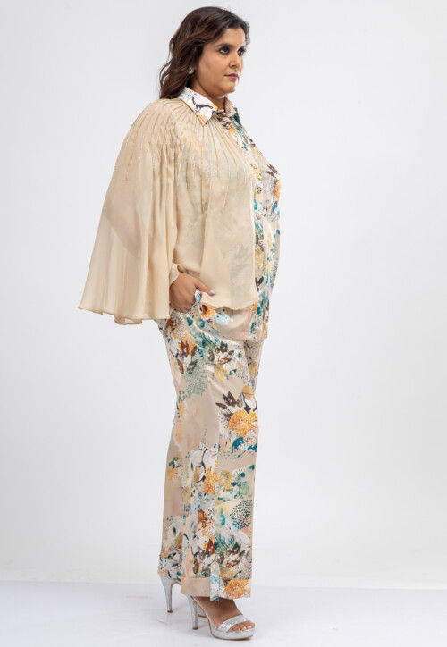 Digital Printed Satin Crepe Top Set in Light Beige