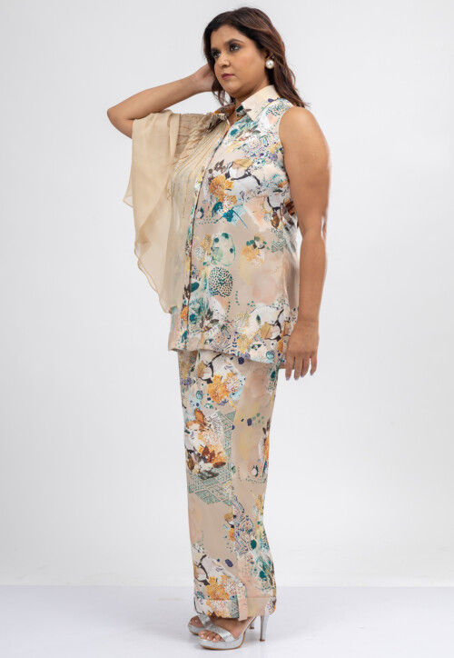 Digital Printed Satin Crepe Top Set in Light Beige