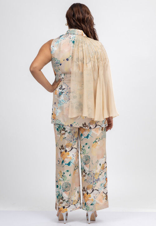 Digital Printed Satin Crepe Top Set in Light Beige